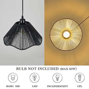 Karzibo Black Pendant Light with Plug in Cord 14.7Ft Dimmable Woven Hemp Rope Hanging Lamp Boho Rattan Swag Light Fixture for Kitchen Island Sink Living Room Bedroom Corner, 12.5" D