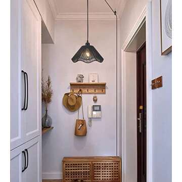 Karzibo Black Pendant Light with Plug in Cord 14.7Ft Dimmable Woven Hemp Rope Hanging Lamp Boho Rattan Swag Light Fixture for Kitchen Island Sink Living Room Bedroom Corner, 12.5" D