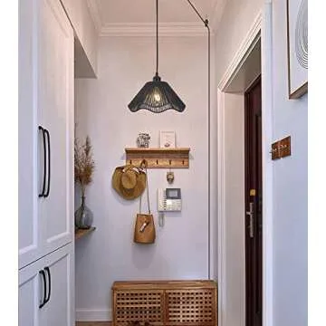 Karzibo Black Pendant Light with Plug in Cord 14.7Ft Dimmable Woven Hemp Rope Hanging Lamp Boho Rattan Swag Light Fixture for Kitchen Island Sink Living Room Bedroom Corner, 12.5" D