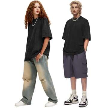 Wyeysyt 3 Pack Men's Oversized T Shirts Vintage Baggy Tee Cotton Loose Short Sleeves Casual Acid Wash Shirts Unisex Tops(BlackGreyKhaki-M)