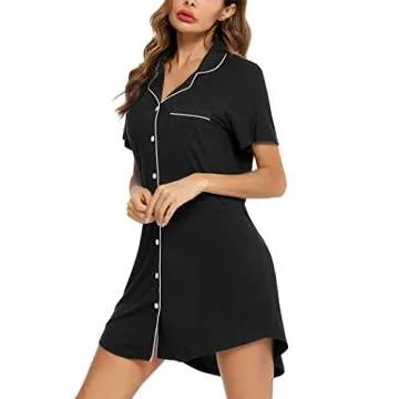 Pjmlifecoco Pajama Dress for Women Nightgown Short Sleeve Button Down Sleepshirt Boyfriend Soft Sleepwear Nightshirt Black