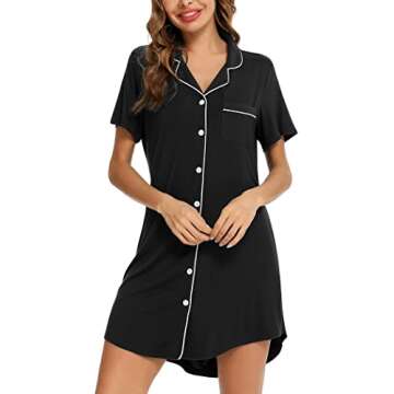 Pjmlifecoco Pajama Dress for Women Nightgown Short Sleeve Button Down Sleepshirt Boyfriend Soft Sleepwear Nightshirt Black