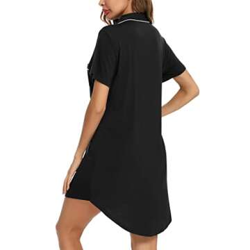 Pjmlifecoco Pajama Dress for Women Nightgown Short Sleeve Button Down Sleepshirt Boyfriend Soft Sleepwear Nightshirt Black