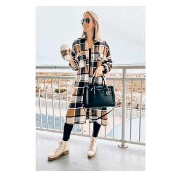 Stylish PUWEI Women's Long Plaid Shacket for Cozy Comfort