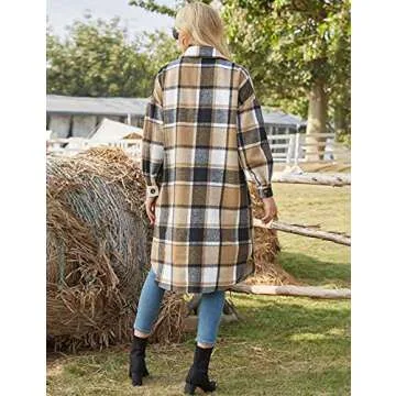 Stylish PUWEI Women's Long Plaid Shacket for Cozy Comfort