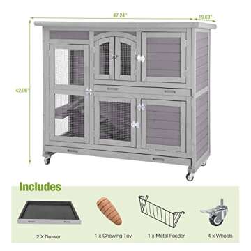 GUTINNEEN Rabbit Hutch Indoor Outdoor Bunny House Guinea Pig Cage on Wheel with Plastic Tray 47inch