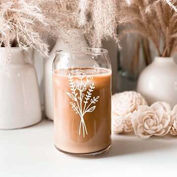 ModParty Wildflower Design Iced Coffee Glass Can Water Cup Clear Beverage Tumbler Bamboo Lid Reusabl...