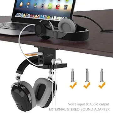 Headphone Stand with USB Hub COZOO Under Desk Headset Hanger Mount Dual Hook Holder with 3 USB Ports(usb3.0+usb2.0) and 3.5mm Jack AUX Port(Audio/Mic) External Sound Card for Gamer, DJ Earphone
