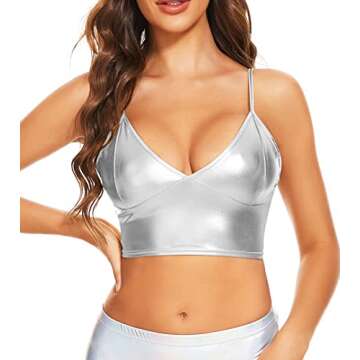 Vinaderhom Women's Metallic Crop Top Shiny Rave Bra for Dance Festivals Costumes, Silver, L