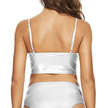 Vinaderhom Women's Metallic Crop Top Shiny Rave Bra for Dance Festivals Costumes, Silver, L