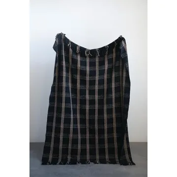 Creative Co-Op Plaid Black & Tan Fringed Woven Cotton Blend Throw 60 inch x50