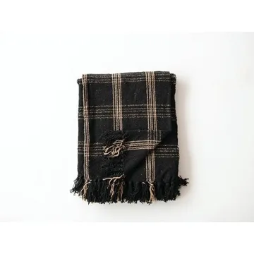 Creative Co-Op Plaid Black & Tan Fringed Woven Cotton Blend Throw 60 inch x50