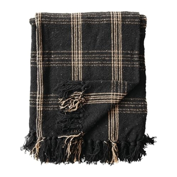 Creative Co-Op Plaid Black & Tan Fringed Woven Cotton Blend Throw 60 inch x50