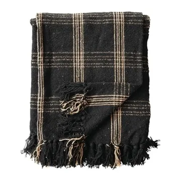 Creative Co-Op Plaid Black & Tan Fringed Woven Cotton Blend Throw 60 inch x50