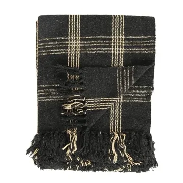 Creative Co-Op Plaid Black & Tan Fringed Woven Cotton Blend Throw 60 inch x50