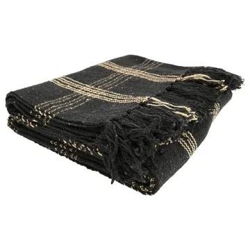 Creative Co-Op Plaid Black & Tan Fringed Woven Cotton Blend Throw 60 inch x50
