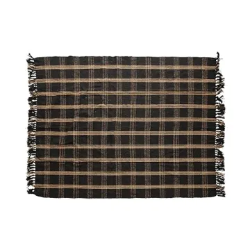 Creative Co-Op Plaid Black & Tan Fringed Woven Cotton Blend Throw 60 inch x50