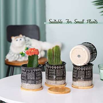 TAMAYKIM 4 Inch Ceramic Boho Plant Pots with Drainage Hole and Saucers, Black Retro Totem Design Sma...