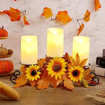 FORUP Harvest Centerpiece, Thanksgiving Candle Holders, Thanksgiving Tabletop Sunflower Centerpiece with 3 Candle Holders, Metal Maple Leaf Candleholder for Home Party Thanksgiving Mantel Decorations