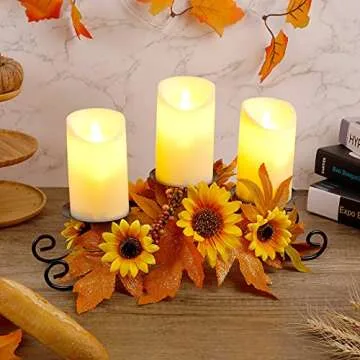 FORUP Harvest Centerpiece, Thanksgiving Candle Holders, Thanksgiving Tabletop Sunflower Centerpiece with 3 Candle Holders, Metal Maple Leaf Candleholder for Home Party Thanksgiving Mantel Decorations