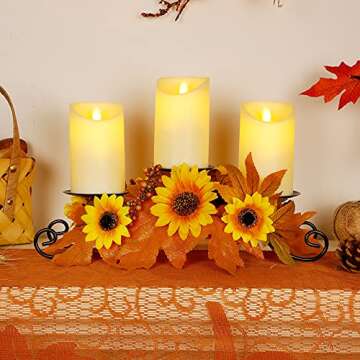 FORUP Harvest Centerpiece, Thanksgiving Candle Holders, Thanksgiving Tabletop Sunflower Centerpiece with 3 Candle Holders, Metal Maple Leaf Candleholder for Home Party Thanksgiving Mantel Decorations