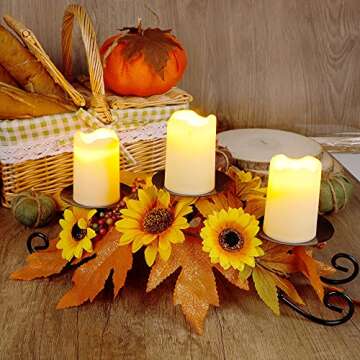 FORUP Harvest Centerpiece, Thanksgiving Candle Holders, Thanksgiving Tabletop Sunflower Centerpiece with 3 Candle Holders, Metal Maple Leaf Candleholder for Home Party Thanksgiving Mantel Decorations