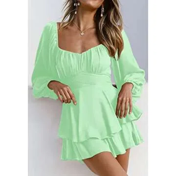 Fixmatti Womens One Piece Romper Long Sleeve Belted Shorts Party Chiffon Jumpsuits Outfits Green S
