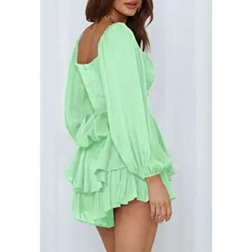 Fixmatti Womens One Piece Romper Long Sleeve Belted Shorts Party Chiffon Jumpsuits Outfits Green S