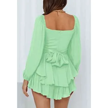 Fixmatti Womens One Piece Romper Long Sleeve Belted Shorts Party Chiffon Jumpsuits Outfits Green S