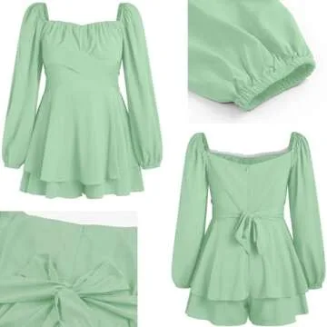 Fixmatti Womens One Piece Romper Long Sleeve Belted Shorts Party Chiffon Jumpsuits Outfits Green S