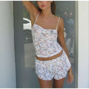 Argeousgor Women Floral Print 2 Piece Shorts Sets Lace Trim Crop Camis High Waist Stretchy Mini Shorts Y2k Two Piece Outfit