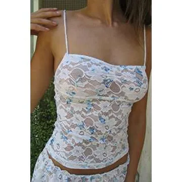 Argeousgor Women Floral Print 2 Piece Shorts Sets Lace Trim Crop Camis High Waist Stretchy Mini Shorts Y2k Two Piece Outfit