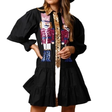 Muineobuka Womens Christmas Sequin Nutcracker Dress Long Sleeve Tiered Glitter Nutcracker Print Holi...