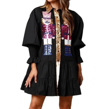 Muineobuka Womens Christmas Sequin Nutcracker Dress Long Sleeve Tiered Glitter Nutcracker Print Holiday Mini Shirt Dresses