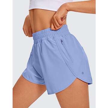 CRZ YOGA Womens High Waisted Running Shorts Mesh Liner 3'' Dolphin Quick Dry for Athletic Gym Track Workout with Zip Pocket Periwinkle Purple Large