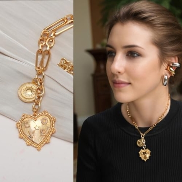 Chunky Heart Necklace 18K Gold Sun Pendant for Women
