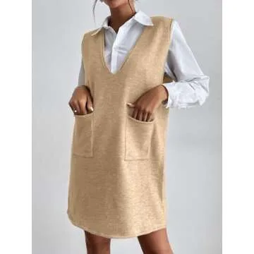 Biffxeu Khaki Sleeveless Sweater Dress with Pockets