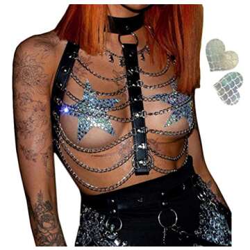 Rave Hologram Body Chest Harness Cage Bra Choker Chain Belts Body Costume with Pasties for Music Fes...