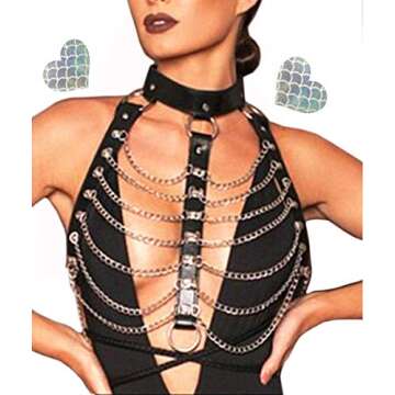 Rave Hologram Body Chest Harness Cage Bra Choker Chain Belts Body Costume with Pasties for Music Festival Roleplay Clubwear, Black, One Size