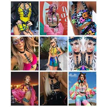 Rave Hologram Body Chest Harness Cage Bra Choker Chain Belts Body Costume with Pasties for Music Festival Roleplay Clubwear, Black, One Size