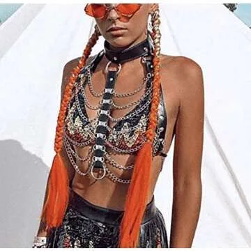 Rave Hologram Body Chest Harness Cage Bra Choker Chain Belts Body Costume with Pasties for Music Festival Roleplay Clubwear, Black, One Size