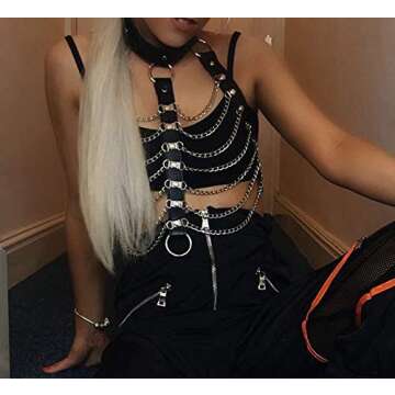 Rave Hologram Body Chest Harness Cage Bra Choker Chain Belts Body Costume with Pasties for Music Festival Roleplay Clubwear, Black, One Size