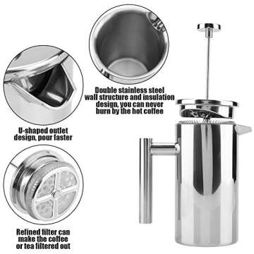 Fdit Double Walled Stainless Steel Coffee Maker French Press Tea Pot with Filter for Home Office Camping (800ml)
