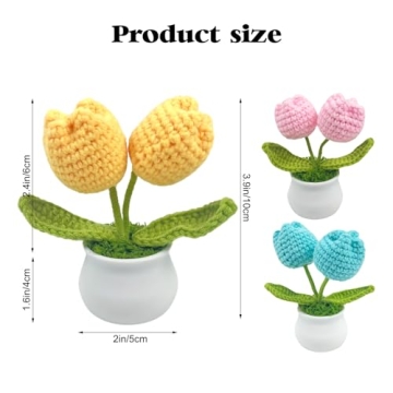 CODOHI Mini Crochet Artificial Tulip, Set of 3 Potted Knitted Flowers Artificial Potted Yarn Plants Handmade Crochet Flower Desk Decor for Car Dashboard Home Office Farmhouse Garden Shelf Decor