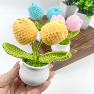 CODOHI Mini Crochet Artificial Tulip, Set of 3 Potted Knitted Flowers Artificial Potted Yarn Plants Handmade Crochet Flower Desk Decor for Car Dashboard Home Office Farmhouse Garden Shelf Decor