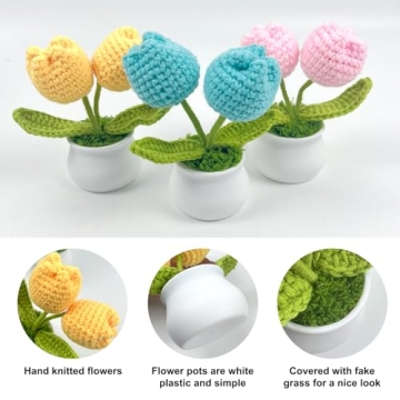 CODOHI Mini Crochet Artificial Tulip, Set of 3 Potted Knitted Flowers Artificial Potted Yarn Plants Handmade Crochet Flower Desk Decor for Car Dashboard Home Office Farmhouse Garden Shelf Decor