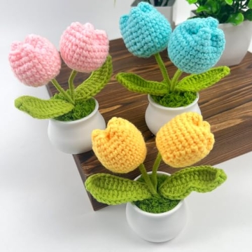 CODOHI Mini Crochet Artificial Tulip, Set of 3 Potted Knitted Flowers Artificial Potted Yarn Plants Handmade Crochet Flower Desk Decor for Car Dashboard Home Office Farmhouse Garden Shelf Decor