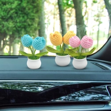 CODOHI Mini Crochet Artificial Tulip, Set of 3 Potted Knitted Flowers Artificial Potted Yarn Plants Handmade Crochet Flower Desk Decor for Car Dashboard Home Office Farmhouse Garden Shelf Decor