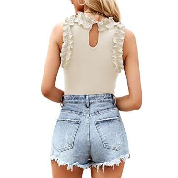 WAYMAKER Women's Ruffle Mock Turtle Neck Sleeveless One Piece Slimming Ribbed Tank Top Body Suits Leotards Beige Large