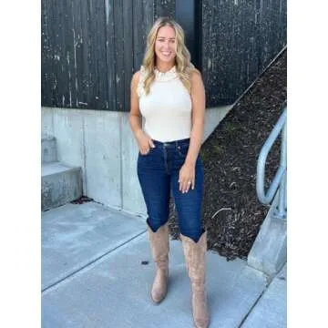 WAYMAKER Women's Ruffle Mock Turtle Neck Sleeveless One Piece Slimming Ribbed Tank Top Body Suits Leotards Beige Large